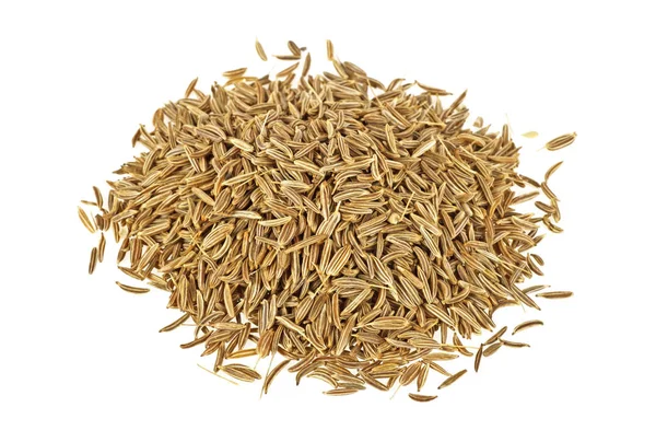 Fechar pilha de sementes de cominho isolado no fundo branco — Fotografia de Stock