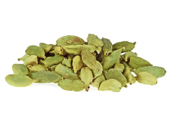 Pile of green cardamom pods on white background