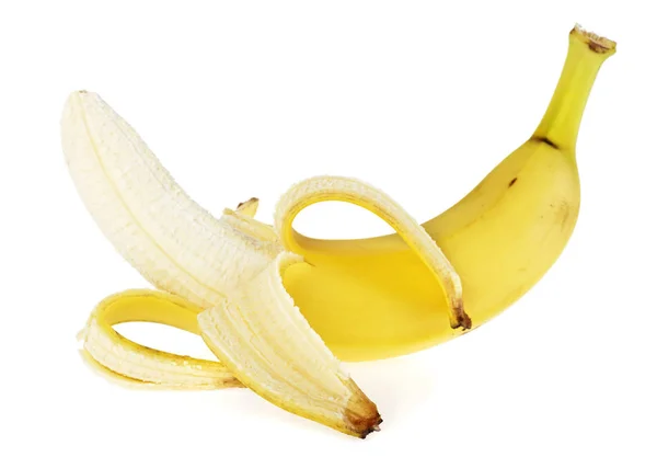 Banana descascada em um fundo branco — Fotografia de Stock