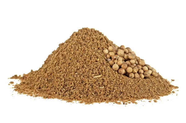 Frön och pulver av koriander krydda på vit bakgrund — Stockfoto