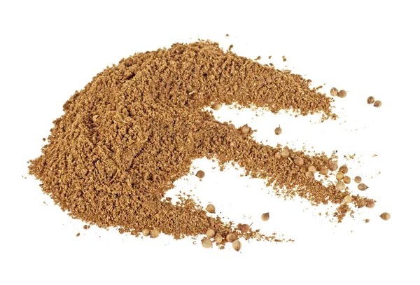 Samen und Pulver von Koriander Gewürz auf weißem Hintergrund — Stockfoto