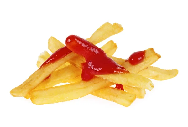 Pommes frites med ketchup på vit bakgrund — Stockfoto