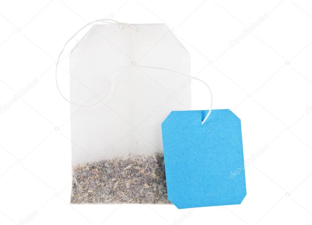 Teabag with blue label isolated on a white background