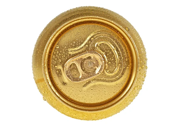 Tanica di birra in gocce d'acqua isolata su fondo bianco, top — Foto Stock