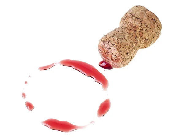 Mancha roja de vino con corcho sobre fondo blanco — Foto de Stock