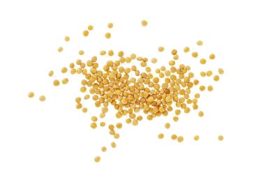 Beyaz arka plan üzerinde üstten görünüm izole sarı hardal tohumu