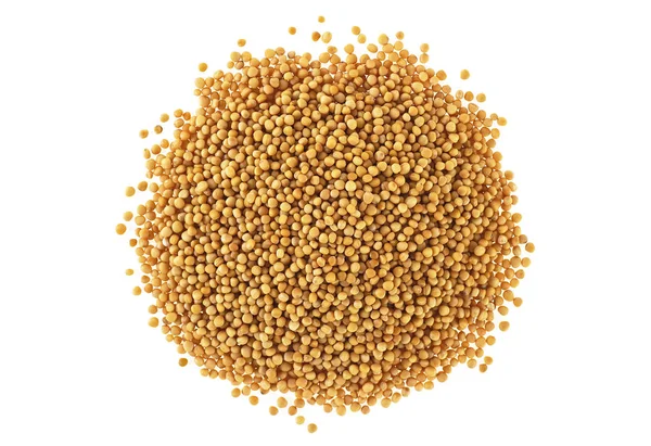 Yellow mustard seeds isolated on white background, top view — Stock Photo, Image