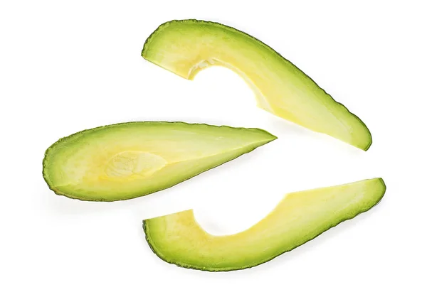 Avocadoscheiben isoliert auf weißem Hintergrund, Draufsicht. Gesund f — Stockfoto