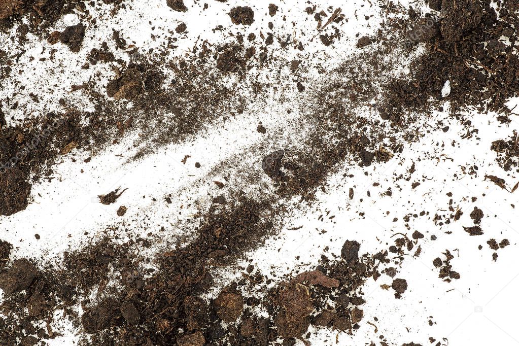 Pile of soil, dirt isolated on white background, top view