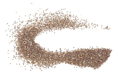Beyaz arkaplanda Chia tohumları, üst görünüm