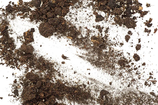 Pile of soil, dirt isolated on white background, top view.