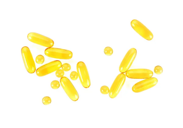 Different capsules Omega 3 on a white background, top view. Stock Photo
