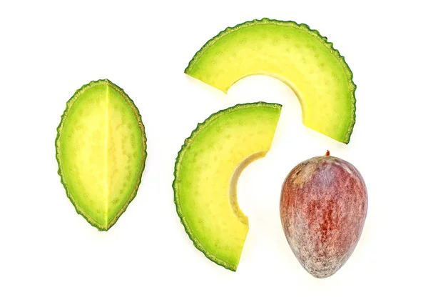 Peças de abacate isoladas sobre fundo branco, vista superior. Alimentos — Fotografia de Stock