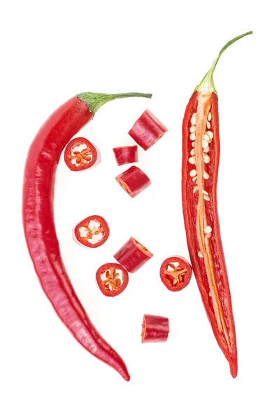 Closeup top view red chili pepper with sliced on white backgroun — Stock Photo, Image