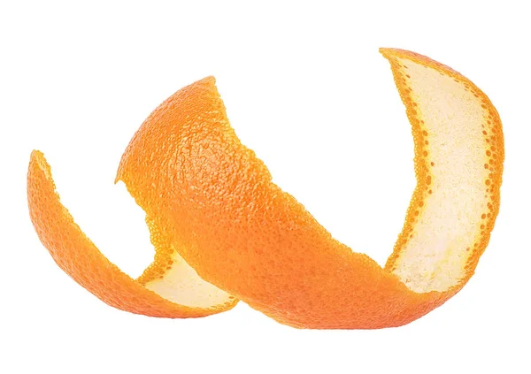 白い背景にスパイラル状の新鮮なオレンジ色の果実の皮. — ストック写真