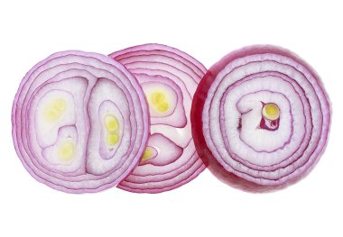 Yuvarlak kırmızı soğan dilimleri beyaz zemin üzerinde izole edilmiş, üst vi