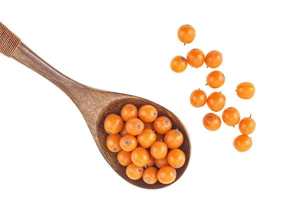 Wooden Spoon Fresh Sea Buckthorn Berries White Background Top View — Stock Photo, Image