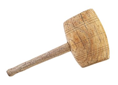 Tahtadan yapılmış eski bir çekiç, beyaz arka plan. Kaliteli tahta tokmak..