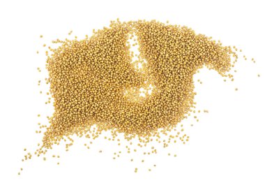 Beyaz arka plan üzerinde üstten görünüm izole sarı hardal tohumu