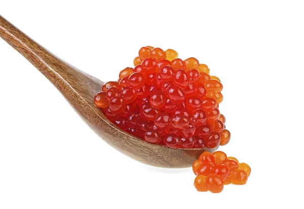 Cuchara Madera Con Caviar Rojo Salado Salmón Rosa Aislado Sobre — Foto de Stock