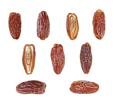 Kurutulmuş hurmalardan oluşan yaratıcı bir düzen. Tropik soyut arka plan. Beyaz arkaplanda kurumuş tarihler, üst görünüm.