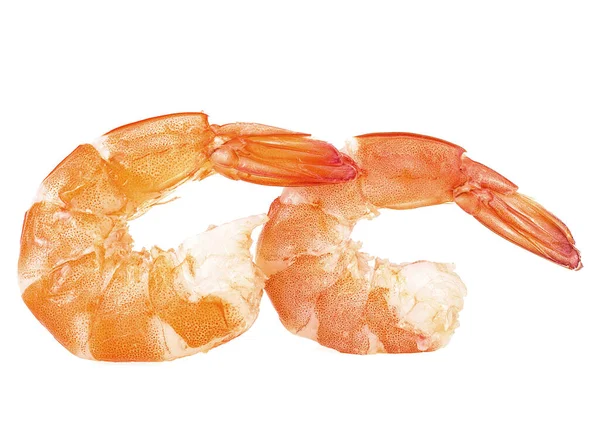 Deux Crevettes Tigrées Cuites Non Décortiquées Isolées Sur Fond Blanc — Photo