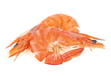 Beyaz arka planda iki taze pişmiş kral karides.