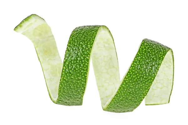 Curly Lime Peel Twist Isolated White Background Front View — Stock Photo, Image