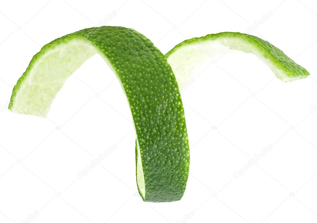 Lime fruit peel isolated on a white background. Fresh lime skin.