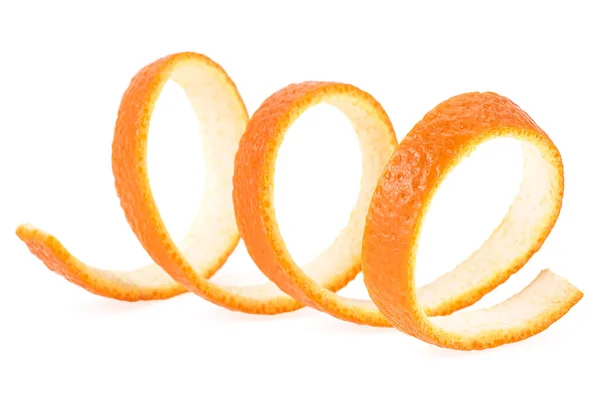 Spirálovitá Pomerančová Kůra Izolovaná Bílém Pozadí Jednoduchá Oranžová Kůže — Stock fotografie