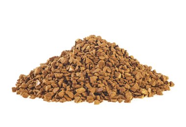 Beyaz arka planda izole edilmiş süblimleşmiş kuru parçacık kahvesi.