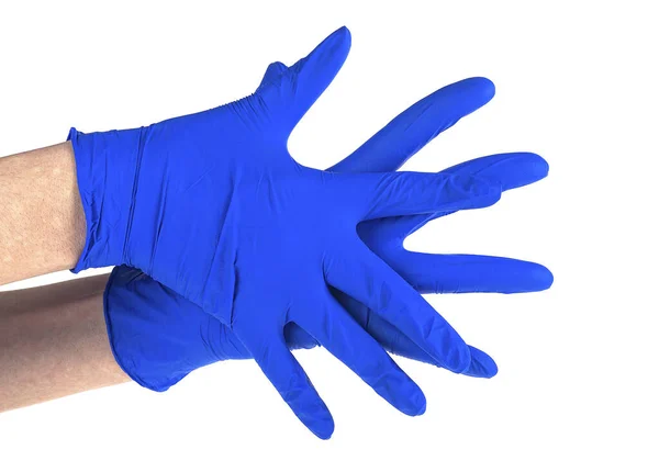Hände Eines Sanitäters Mit Blauen Latexhandschuhen Weißer Hintergrund — Stockfoto