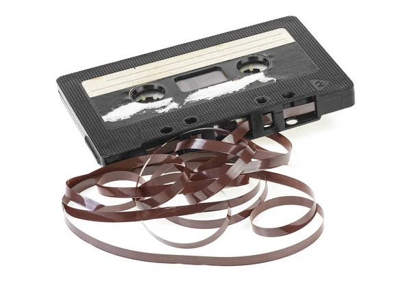 Black Audio Cassette Tape Isolated White Backgroun — Stock Photo, Image