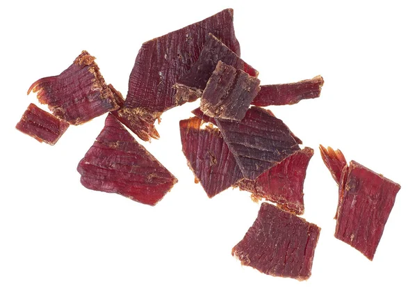 Portion Beef Jerky Isolated White Background Top View Spicy Meat — Stock Photo, Image