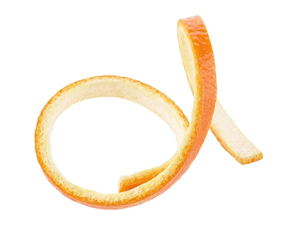 Pomerančový Proužek Spirálovité Podobě Izolovaný Bílém Pozadí Přírodní Pomerančová Kůra — Stock fotografie