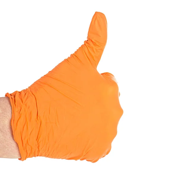 Hand Eines Sanitäters Mit Orangefarbenem Latex Handschuh Medizinhandschuh Operationshandschuh Präventionskonzept — Stockfoto