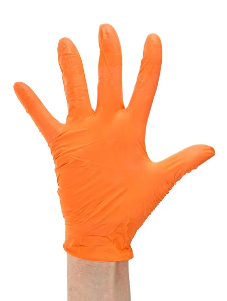 Sebész Keze Narancssárga Orvosi Kesztyűben Fehér Alapon Kéz Kézben — Stock Fotó