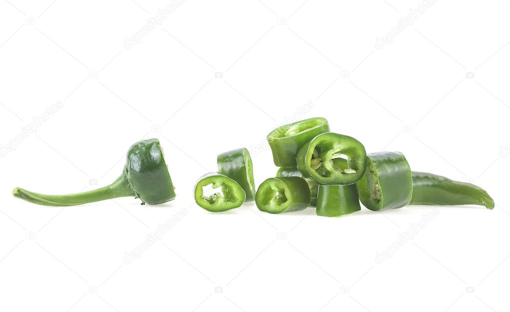 Green chilli pepper slices isolated on a white background. Rings of green chilli pepper.