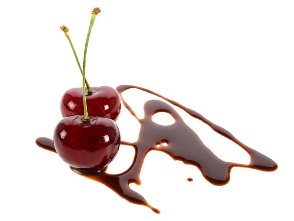 Two Ripe Cherries Chocolate Isolated White Background — Stock Photo, Image