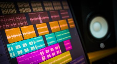 bilgisayar monitörü ve studio hoparlörler renkli dijital dalga formu