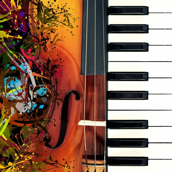 Piano & classical violin, funny colorful splashing art for music background — Stock Photo, Image