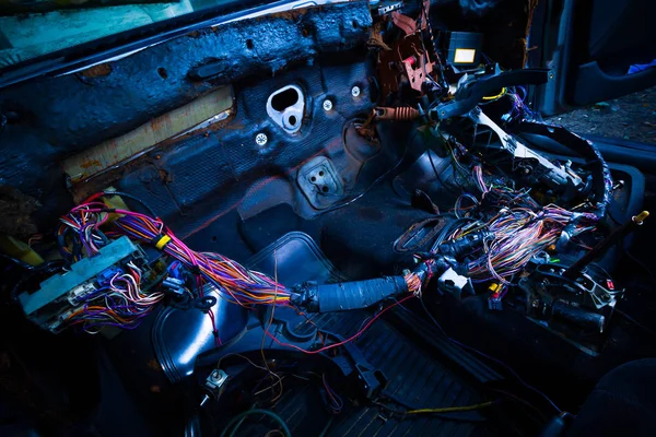 Car repair & electric wiring system showing colorful wire in old car, interior view — Stock Photo, Image