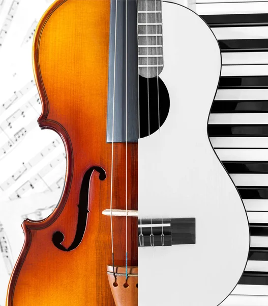 Violino, spartito musicale, chitarra e pianoforte — Foto Stock