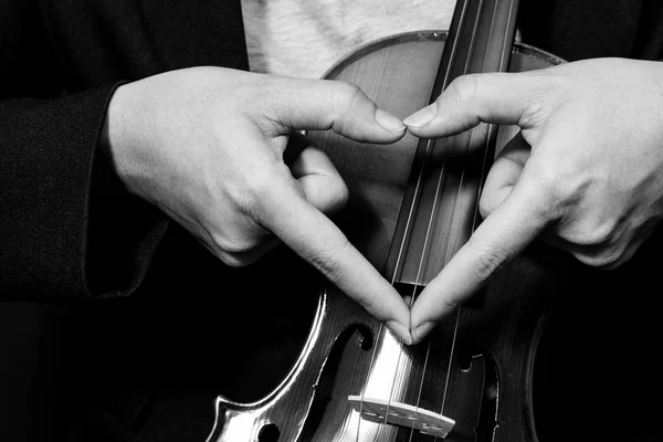 Music lover, hand sign on classical violin — Stock Photo, Image