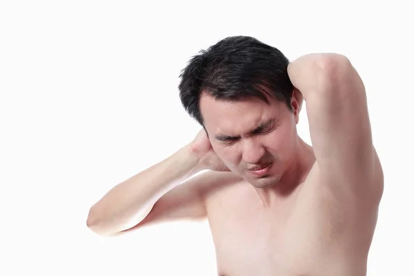 Азиатский мужчина дотронуться до шеи от боли — стоковое фото