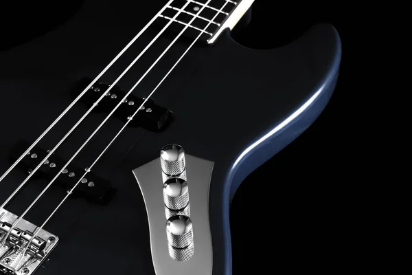 Grey electric bass guitar & beautiful rim light of four strings, knobs and body shape, isolated on black + copy space for music concept background — Stock Photo, Image