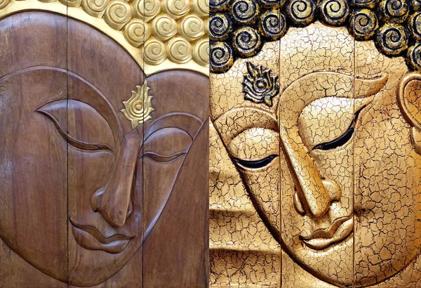 Το πρόσωπο του Βούδα σκάλισμα 6 κομμάτια του ξύλου και χρυσό επιχρυσωμένο βιοτεχνών — Φωτογραφία Αρχείου