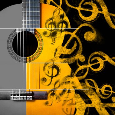 Akustik, klasik gitar ve kayan müzik notu