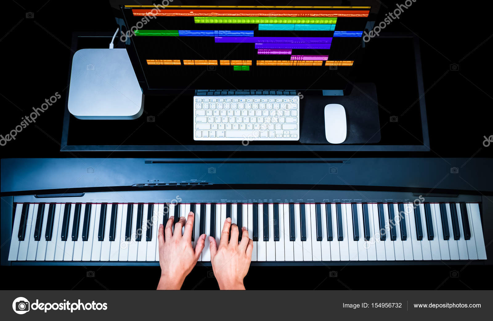 Music Production Technology Male Composer Hands Working On Piano