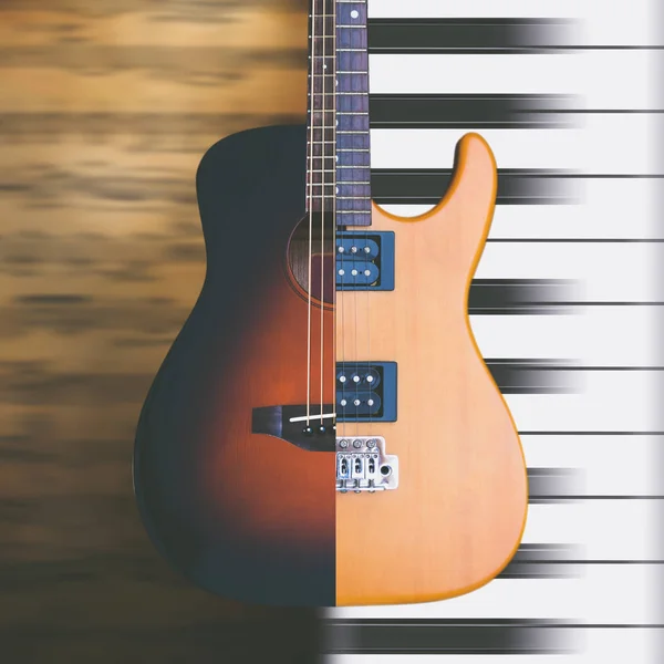 Akoestische & elektrische gitaar op muziek blad, piano toetsen voor achtergrond muziek — Stockfoto